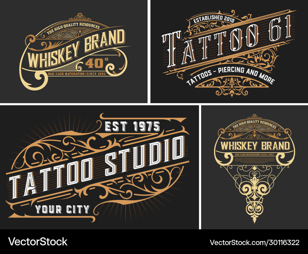 Vintage Tattoo & Whiskey Logo Set vector image