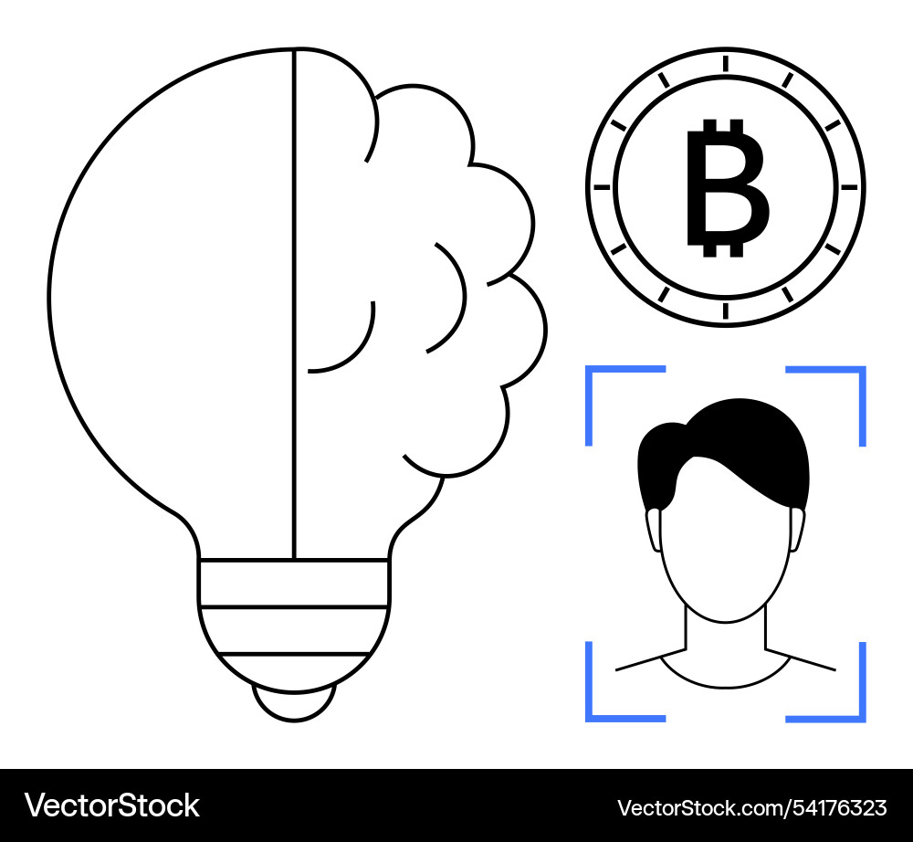 Lightbulb brain bitcoin symbol and face Lightbulb brain bitcoin symbol and face vector image