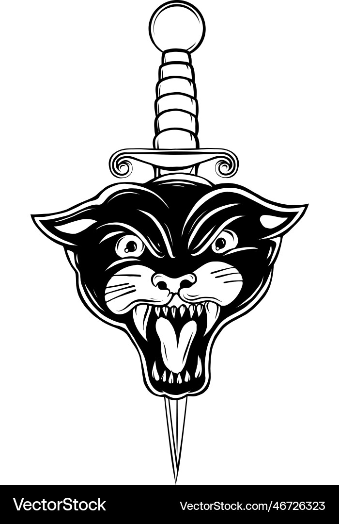 Monochrome schwarze Panther Kopf und Dolch Tattoo Monochrome schwarze Panther Kopf und Dolch Tattoo vektorbild