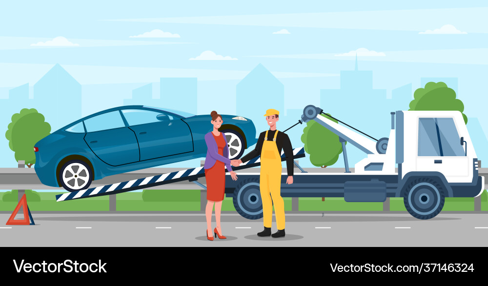 Car breakdown on road tow truck is moving Car breakdown on road tow truck is moving vector image