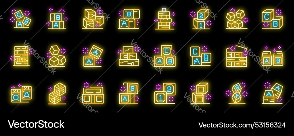 Set of neon building blocks icons with letters Set of neon building blocks icons with letters vector image