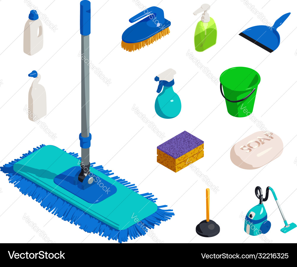 Cleaner equipment icons set isometric style Cleaner equipment icons set isometric style vector image