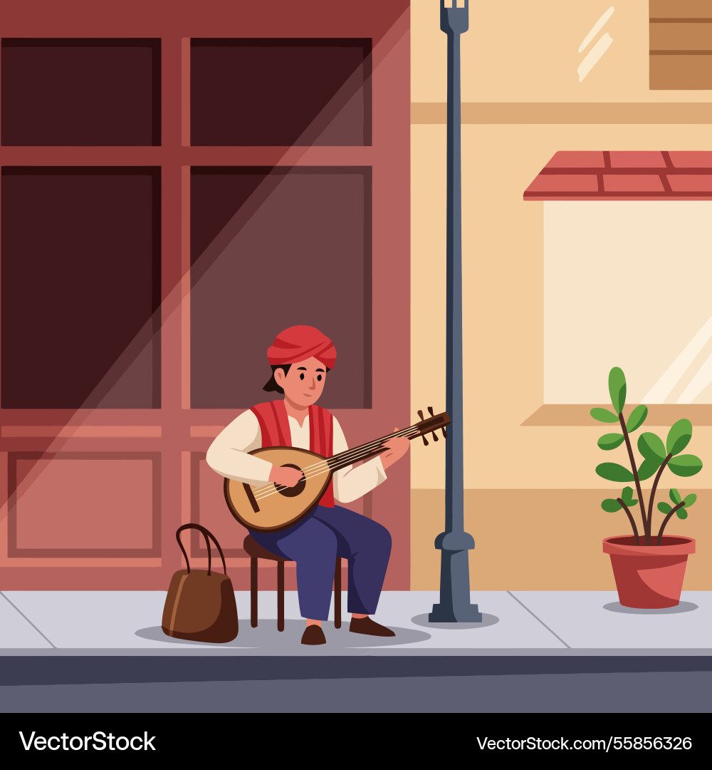Man playing stringed instrument sitting on stool Vector Image