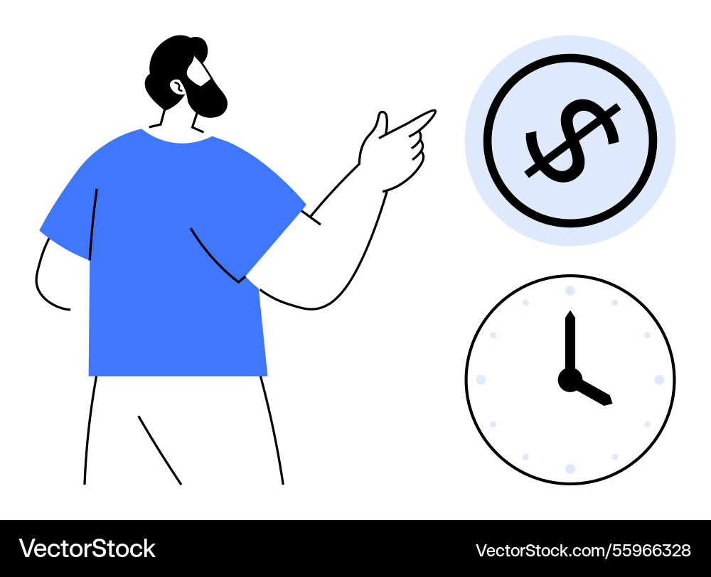 Man pointing at time and money representing Vector Image
