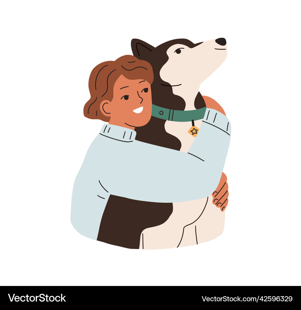 Cute happy dog and child friends kid hugging vector image