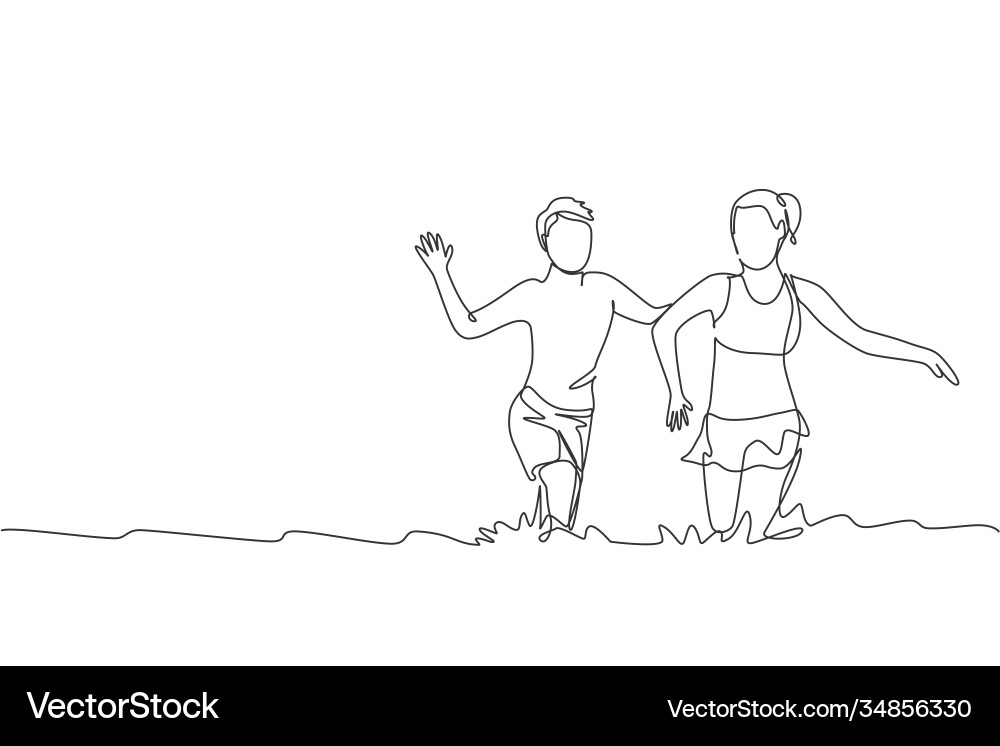 Continuous Line Drawing: Brother & Sister Playing Vector Image