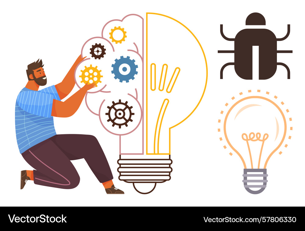 Man fixing gears inside light bulb with bug icon vector image