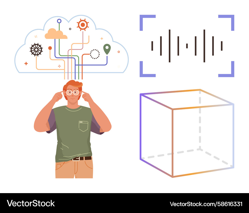 Man processing thoughts with cloud sound waves Man processing thoughts with cloud sound waves Vector Image