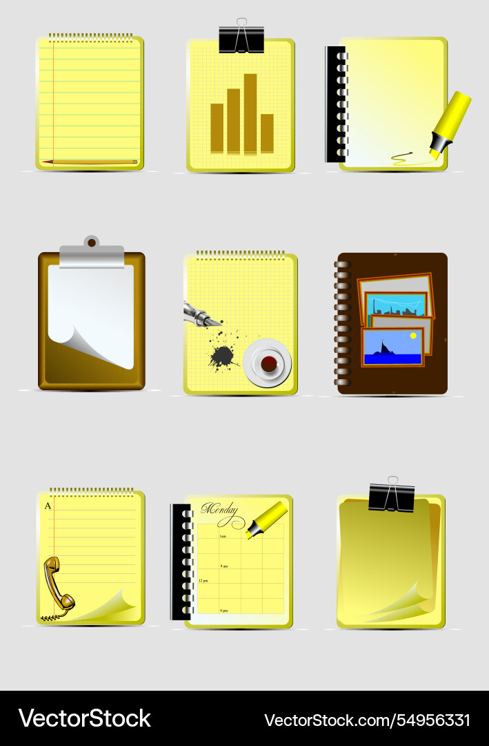 Nine different notepads showing business concepts Nine different notepads showing business concepts vector image