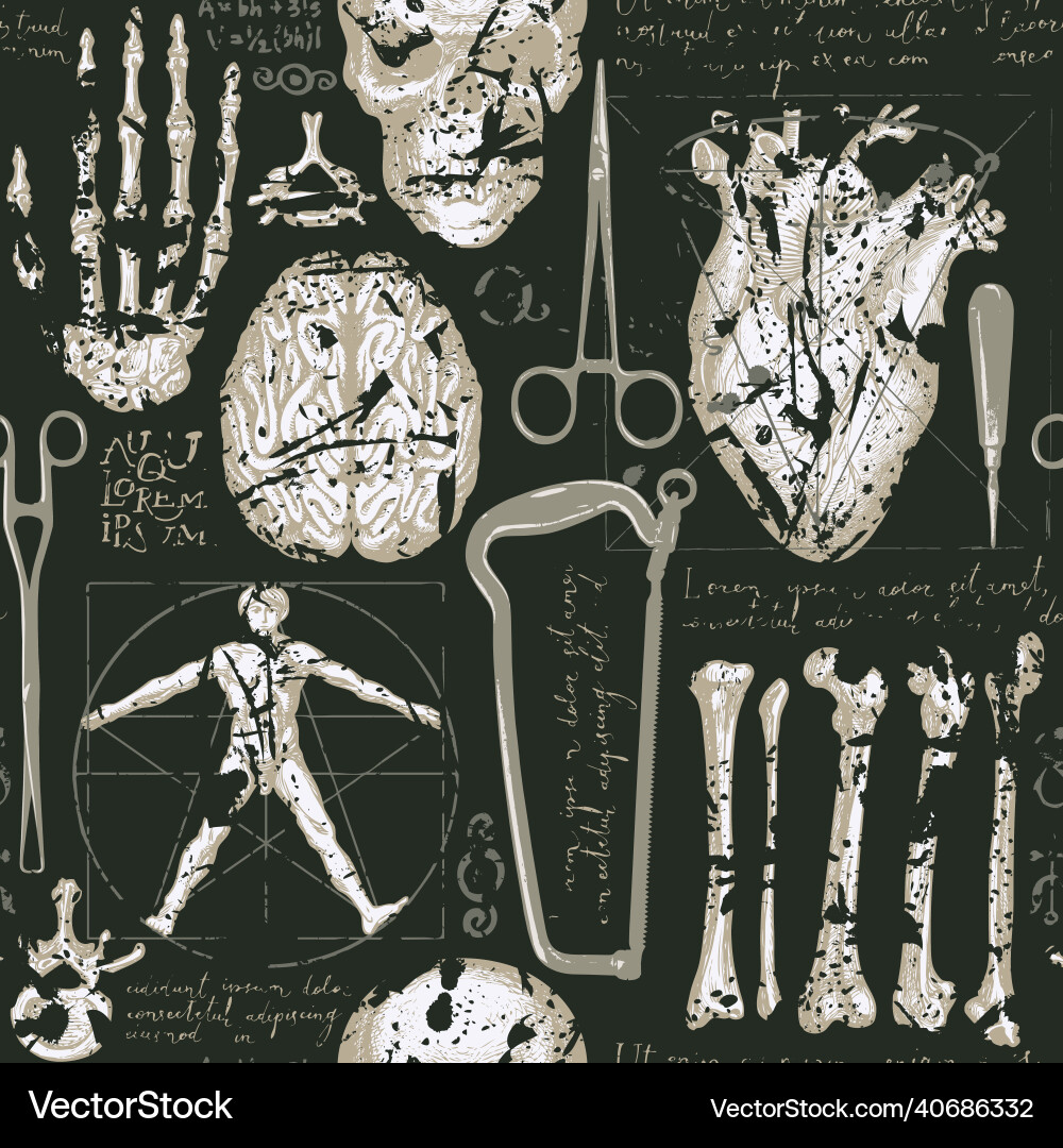 Retro seamless pattern with human bones and organs Retro seamless pattern with human bones and organs vector image