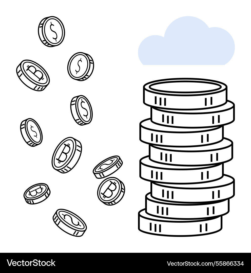 Digital and physical coins stacking with cloud Digital and physical coins stacking with cloud vector image