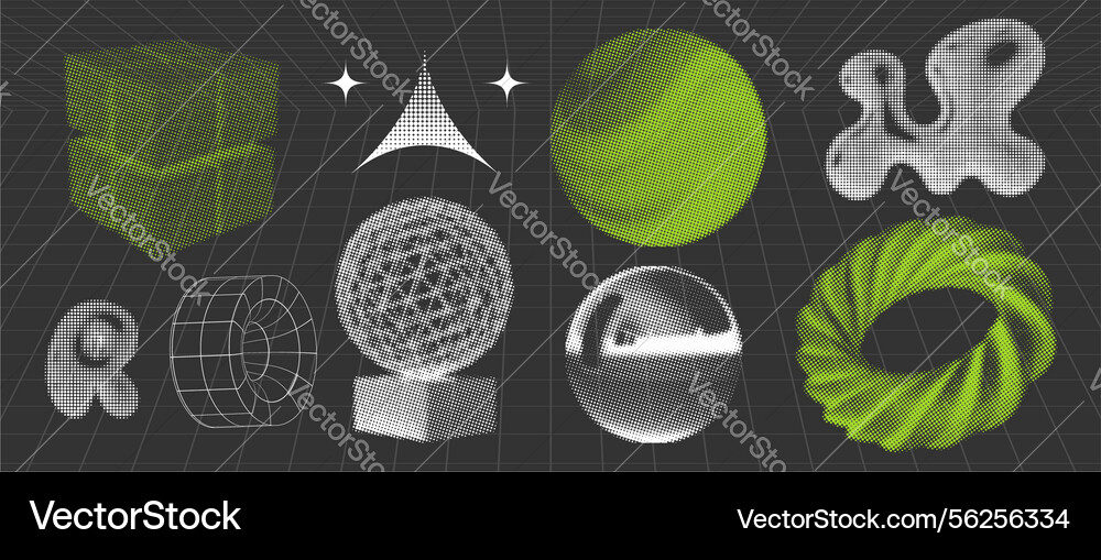 Retrofuturistic negative 3d shapes set in halftone Retrofuturistic negative 3d shapes set in halftone vector image