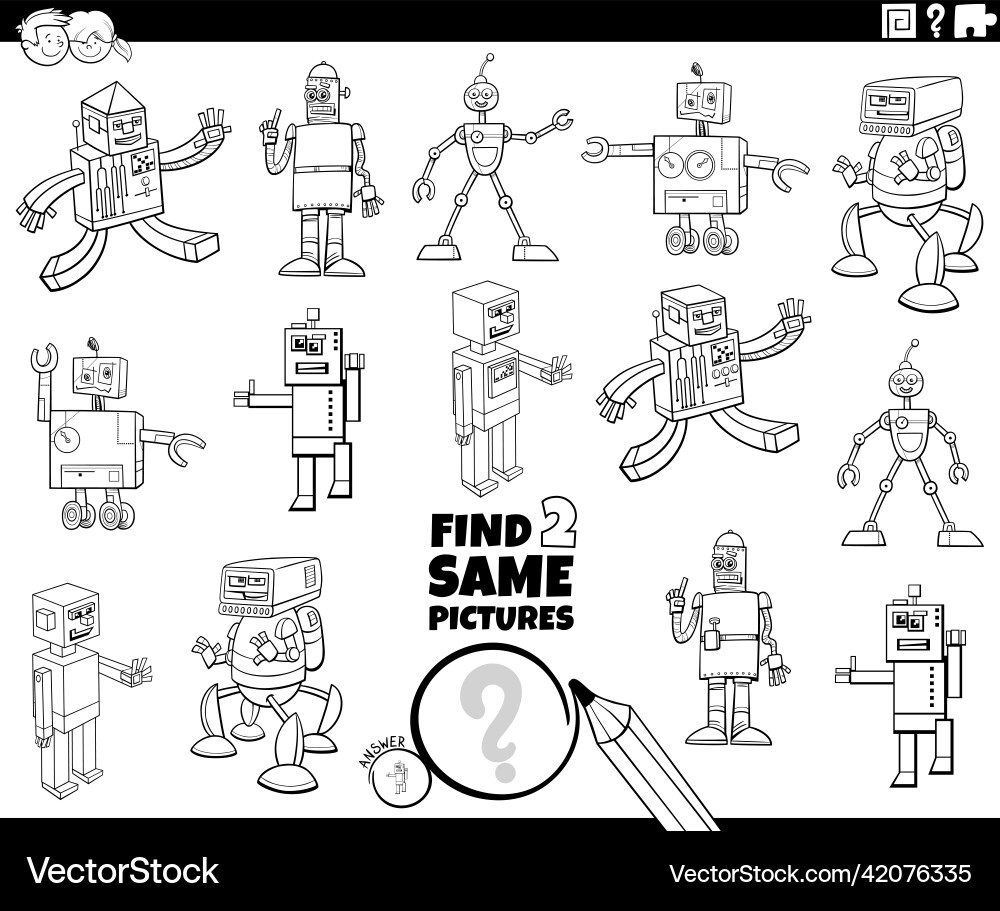 Finden Sie zwei gleiche Cartoon Roboter Zeichen Aufgabe Vektorbild
