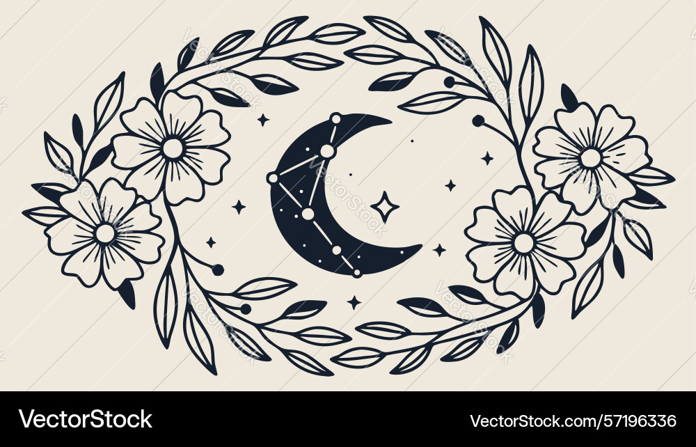 Celestial floral wreath with crescent moon stars Vector Image