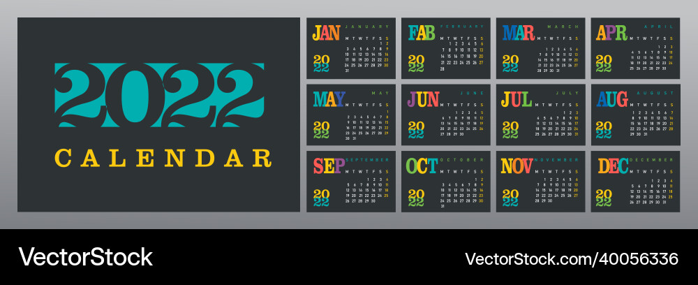 Wall calendar 2022 black background set Wall calendar 2022 black background set vector image
