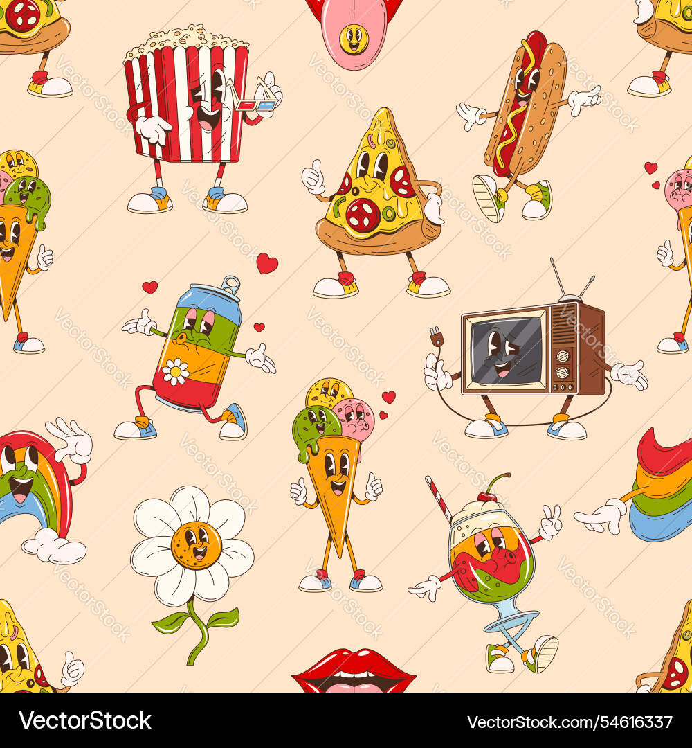 Cartoon funny groovy characters seamless pattern Cartoon funny groovy characters seamless pattern Vector Image