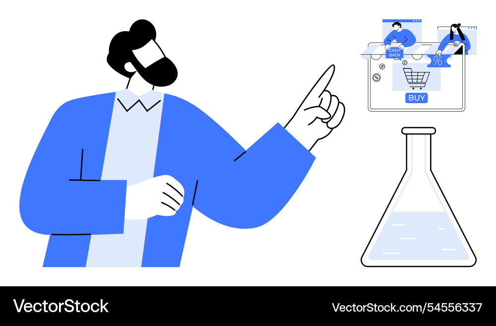 Man pointing at digital shopping cart interface Man pointing at digital shopping cart interface Vector Image