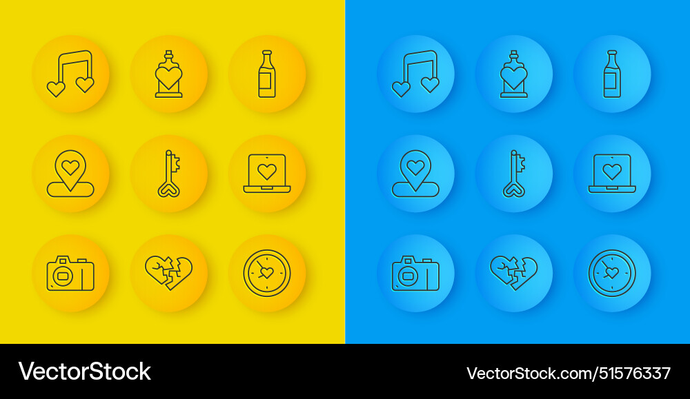 Set line photo camera location with heart key Set line photo camera location with heart key vector image