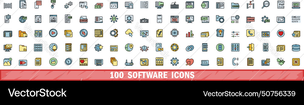 100 software icons set color line style 100 software icons set color line style vector image