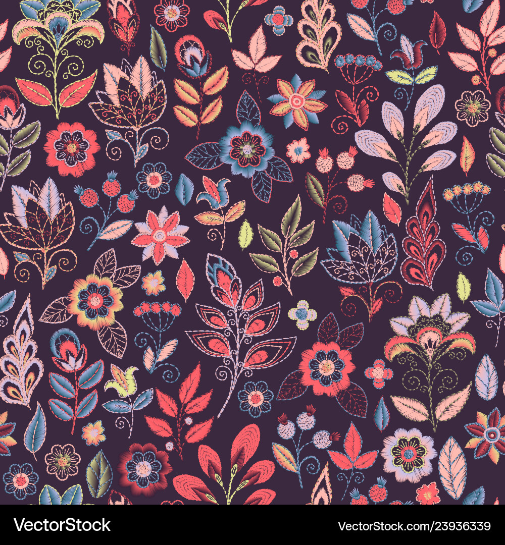 Embroidery seamless pattern with beautiful flowers