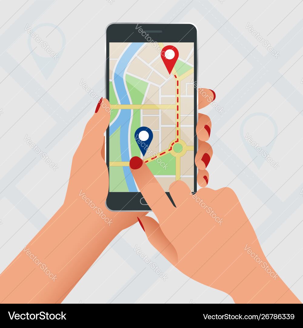Flat gps navigation in phone with a red Flat gps navigation in phone with a red vector image