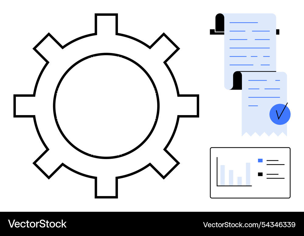 Gear icon with documents and analytics chart Vector Image