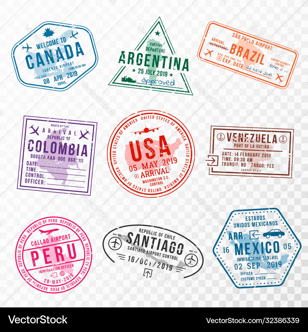 Set travel visa stamps for passports abstract vector image