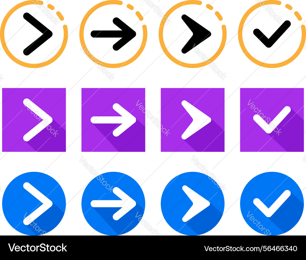 Flat arrow right direction and check mark icons Flat arrow right direction and check mark icons vector image