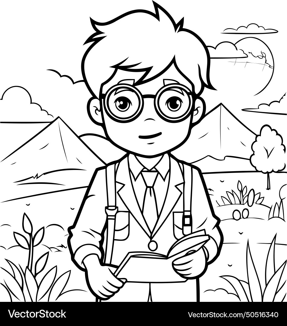 Outline cartoon of boy with glasses reading Vector Image