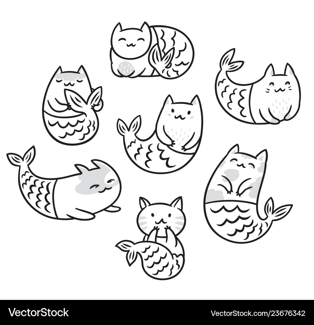 Collection with cartoon cats mermaids in contour Collection with cartoon cats mermaids in contour vector image