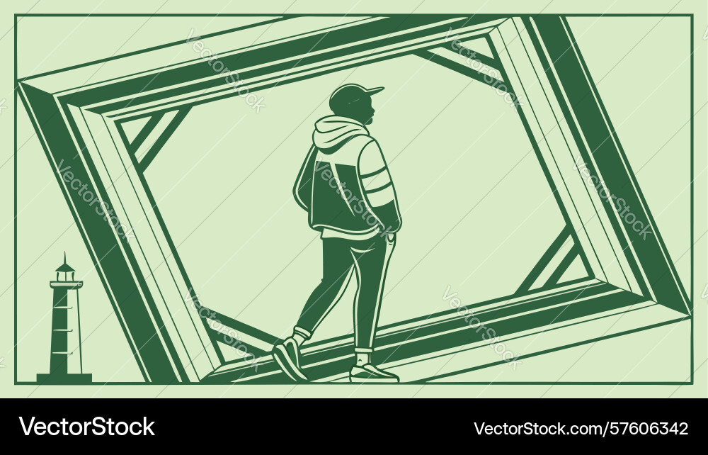 Person in frame with lighthouse abstract design Vector Image