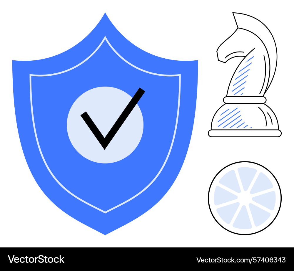 Security shield with checkmark next to chess Security shield with checkmark next to chess Vector Image