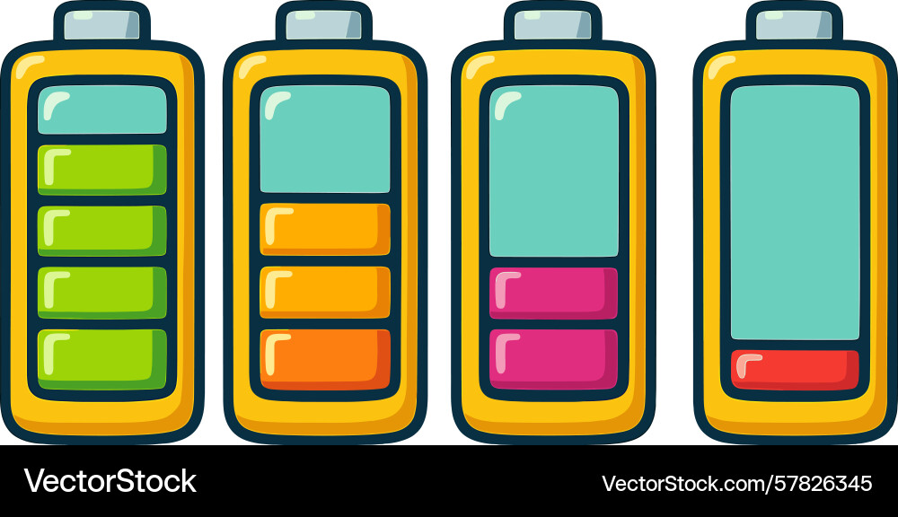 Battery levels display showing varying charge Battery levels display showing varying charge Vector Image