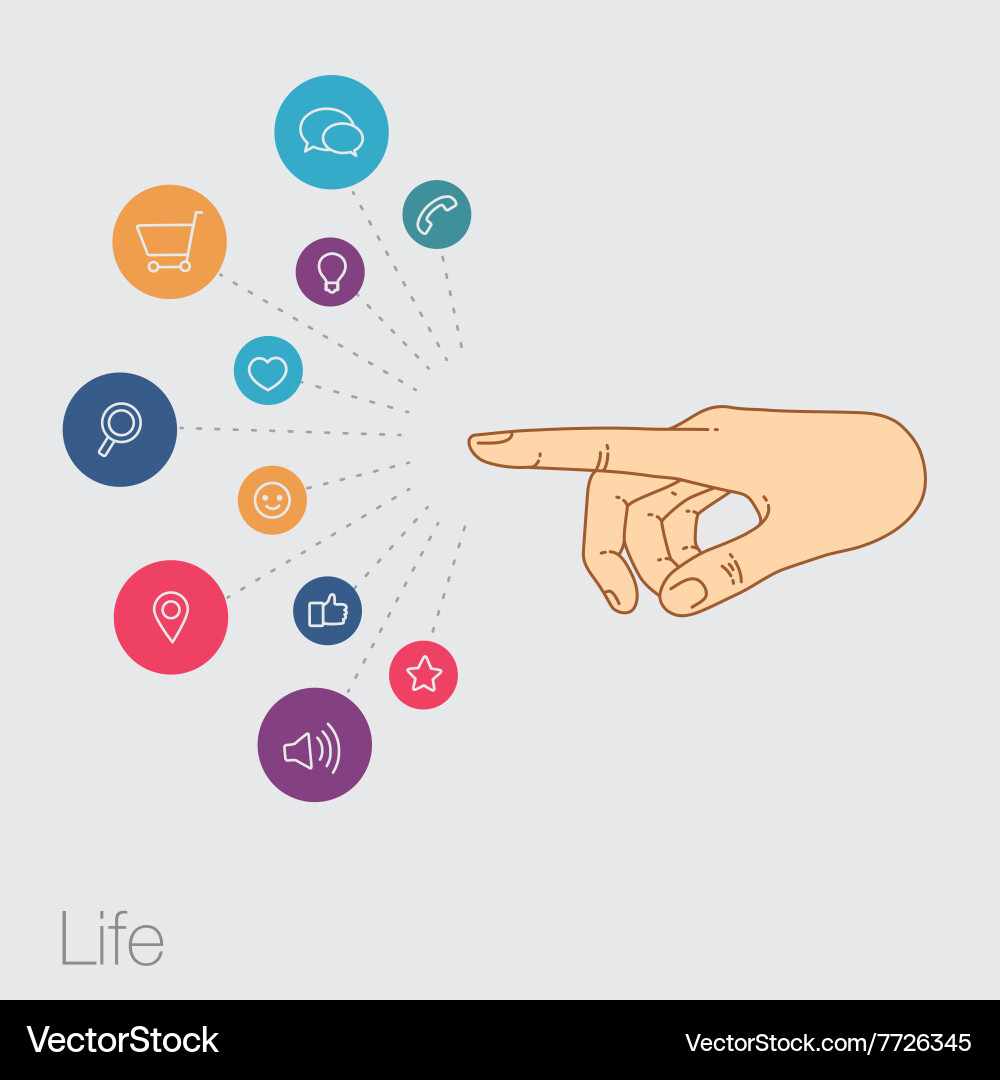 Hand keeps mobile with set of line icons vector image