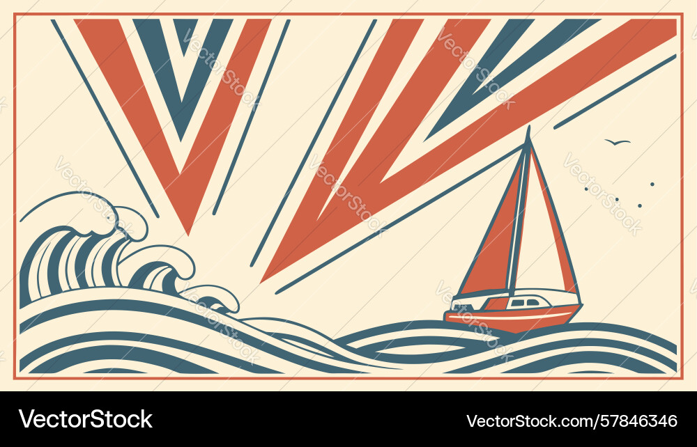 Sailboat on abstract waves with dynamic rays Vector Image