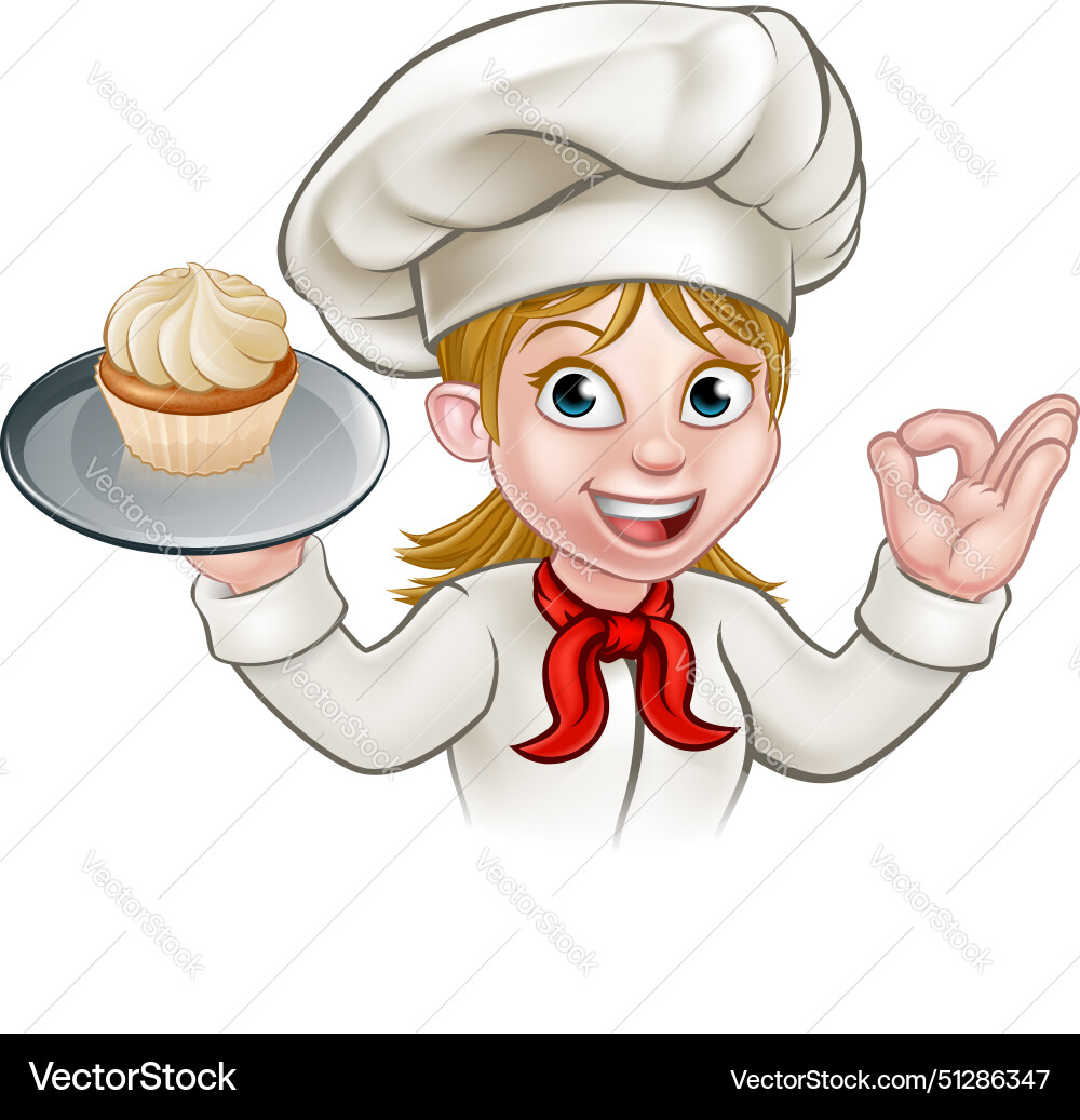 Cartoon woman pastry chef baker with cupcake vector image