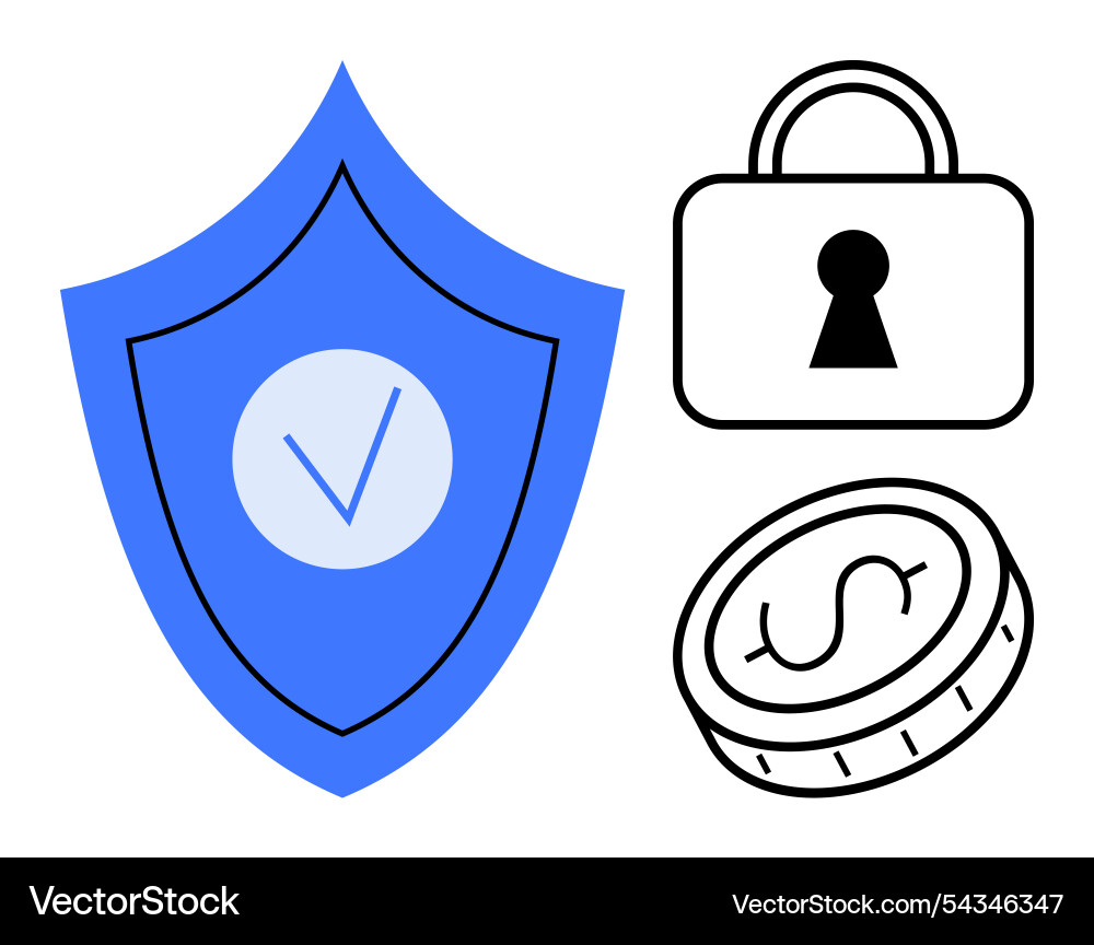 Shield with checkmark lock and coin symbolizing Shield with checkmark lock and coin symbolizing vector image