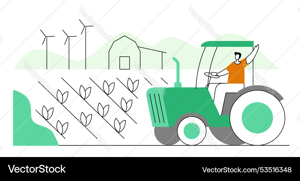 Ein Farmer Fahrtraktor in üppigem Feld unter Ein Farmer Fahrtraktor in üppigem Feld unter vektorbild