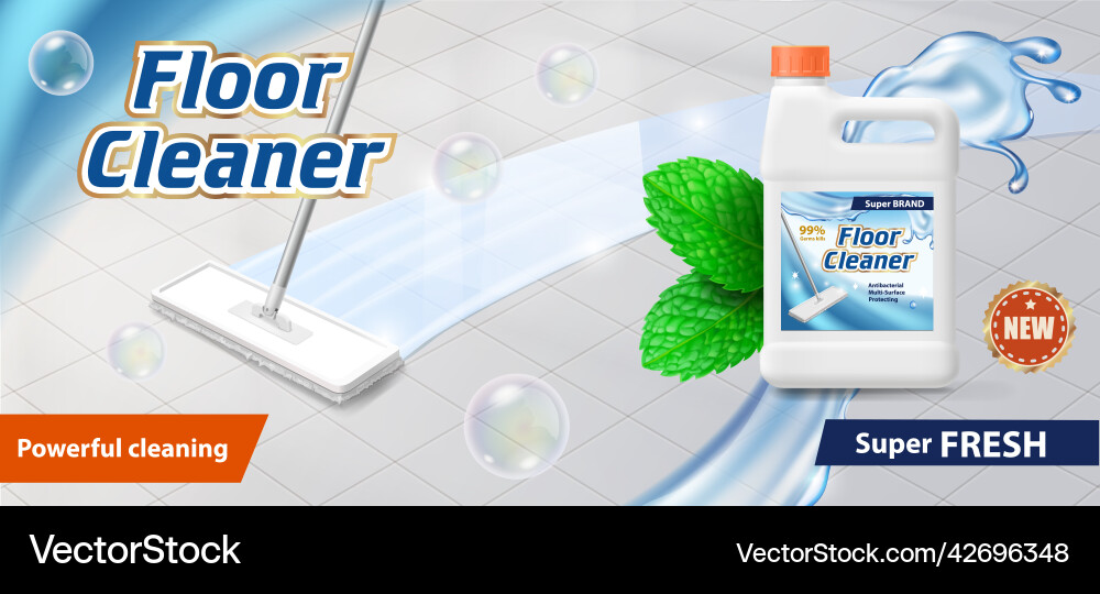 Floor cleaner advertising bottle package and mop Floor cleaner advertising bottle package and mop vector image