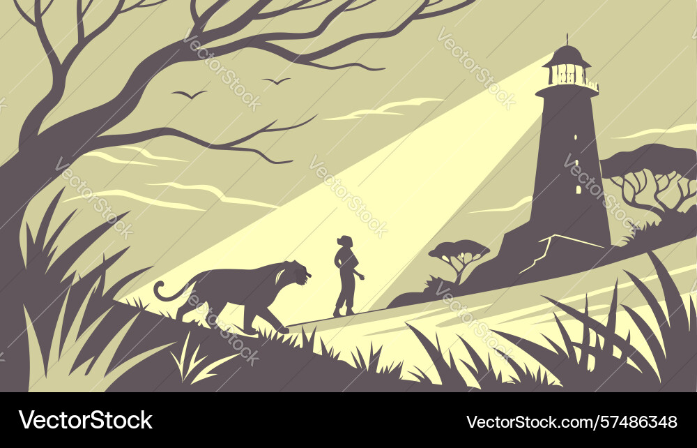 Man with panther by lighthouse in forest Vector Image