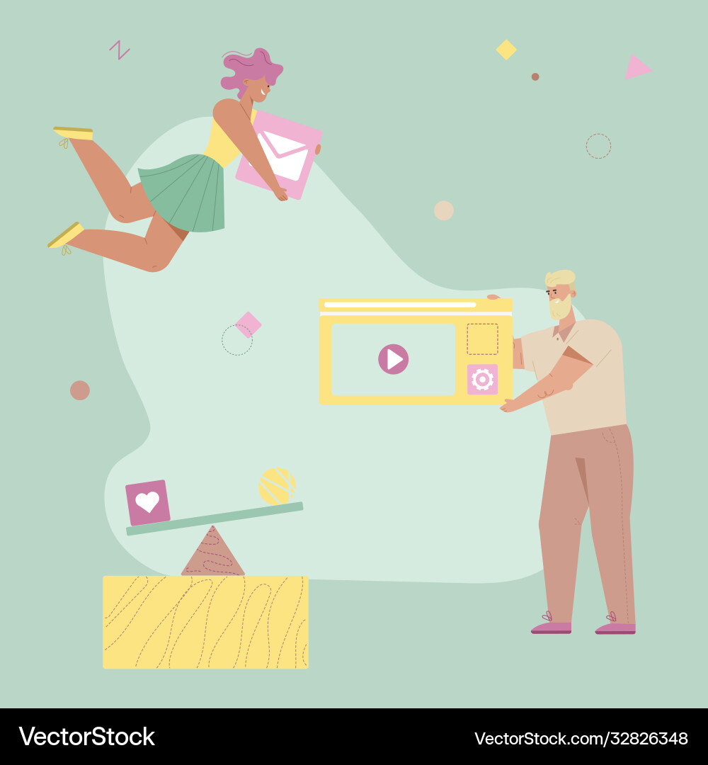 Woman carries email button man holds webpage Vector Image