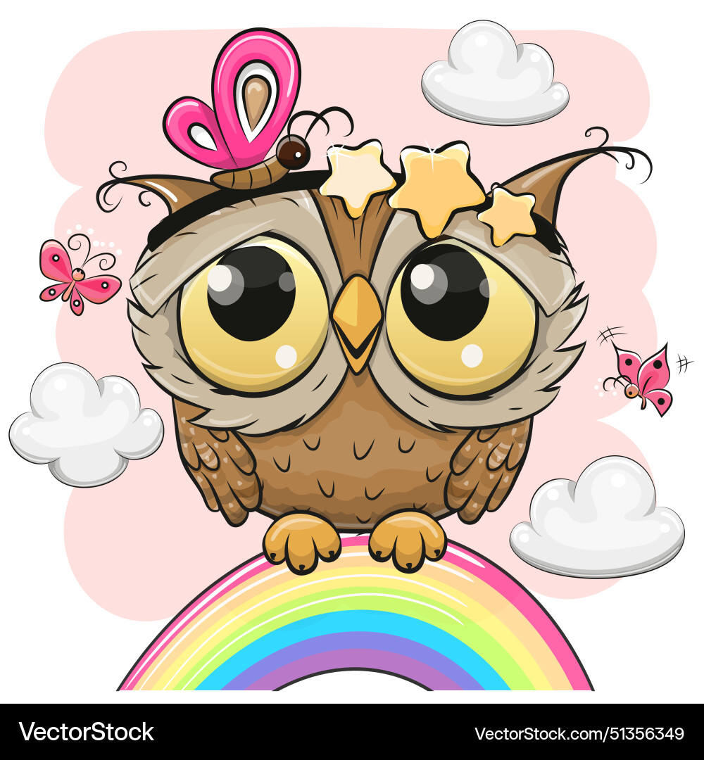Cartoon Eule mit Schmetterling sitzt auf einem Regenbogen Cartoon Eule mit Schmetterling sitzt auf einem Regenbogen vektorbild