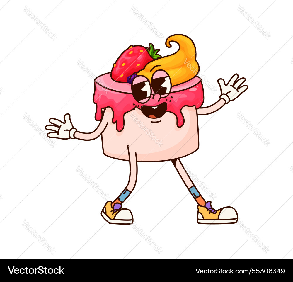 Groovy breakfast cake dessert cheerful character Groovy breakfast cake dessert cheerful character vector image