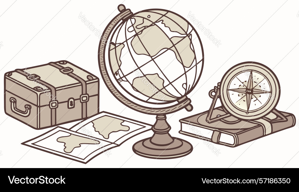 Explorers desk globe maps set design generative ai vector image