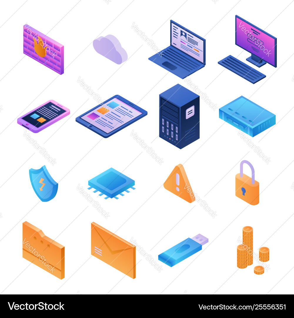 Firewall security icons set isometric style Firewall security icons set isometric style vector image