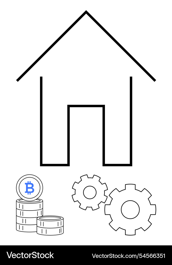 House with bitcoin stacks and gears representing Vector Image