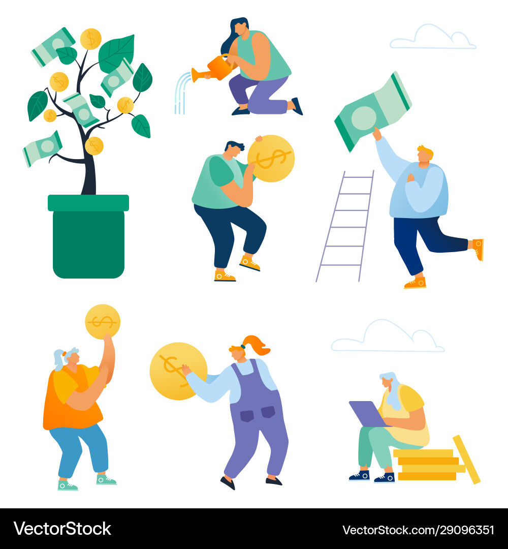 Set businesspeople growing money tree creating Set businesspeople growing money tree creating vector image