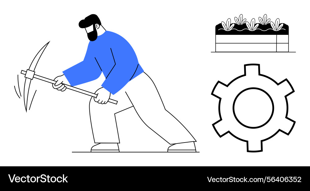 Worker mining with pickaxe next to crop Worker mining with pickaxe next to crop Vector Image