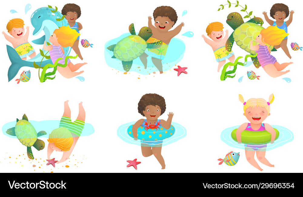 Sammlung Kinder Jungen und Mädchen schwimmen Sammlung Kinder Jungen und Mädchen schwimmen vektorbild