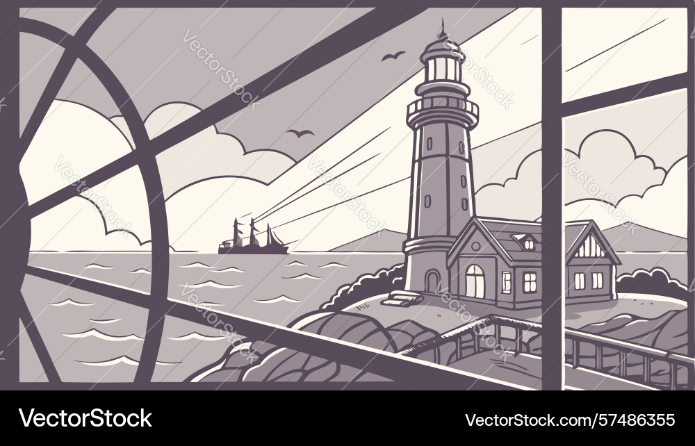 Lighthouse view from arched window coastal vector image